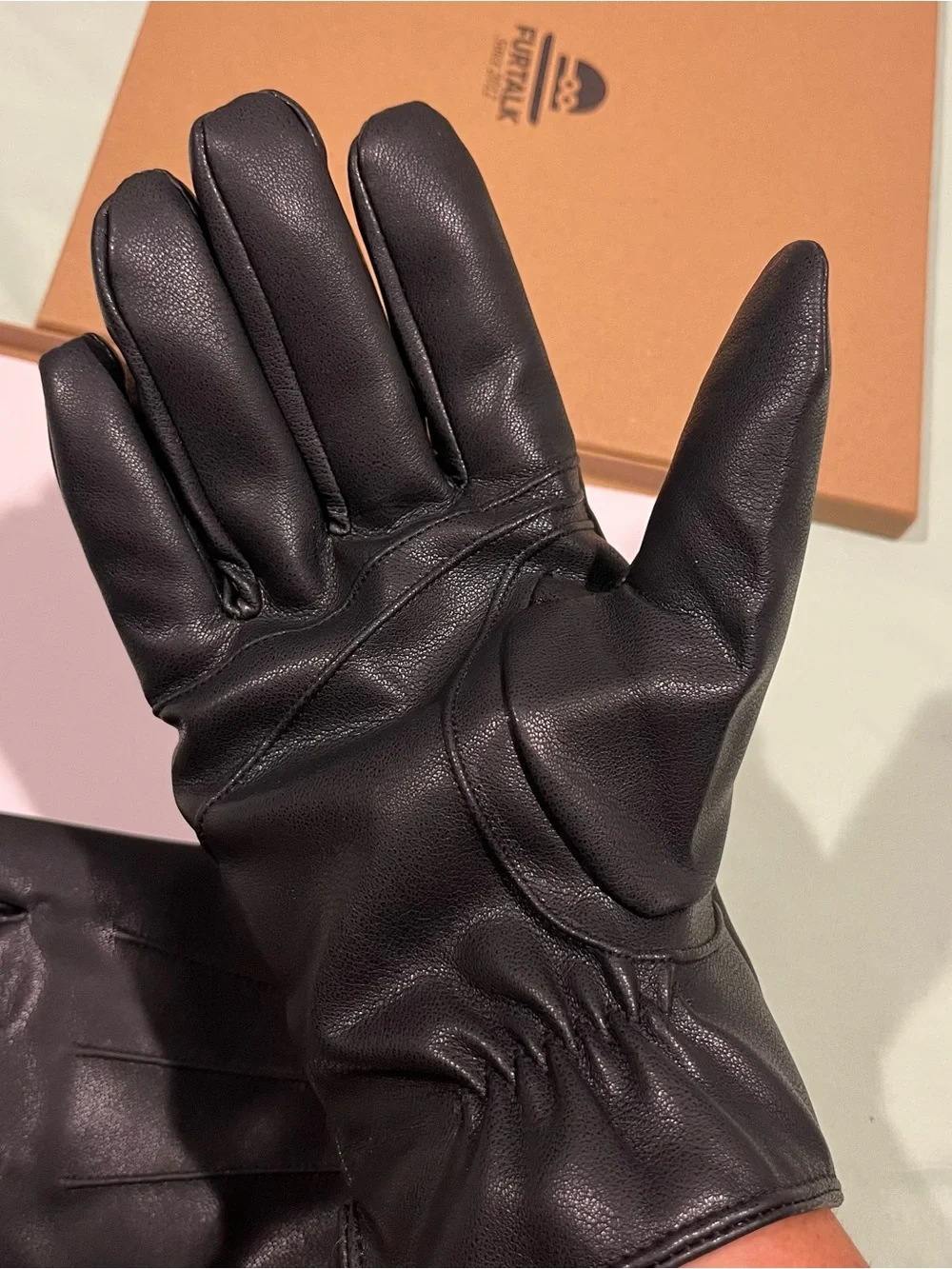 FURTALK classic black leather winter gloves,Women Large